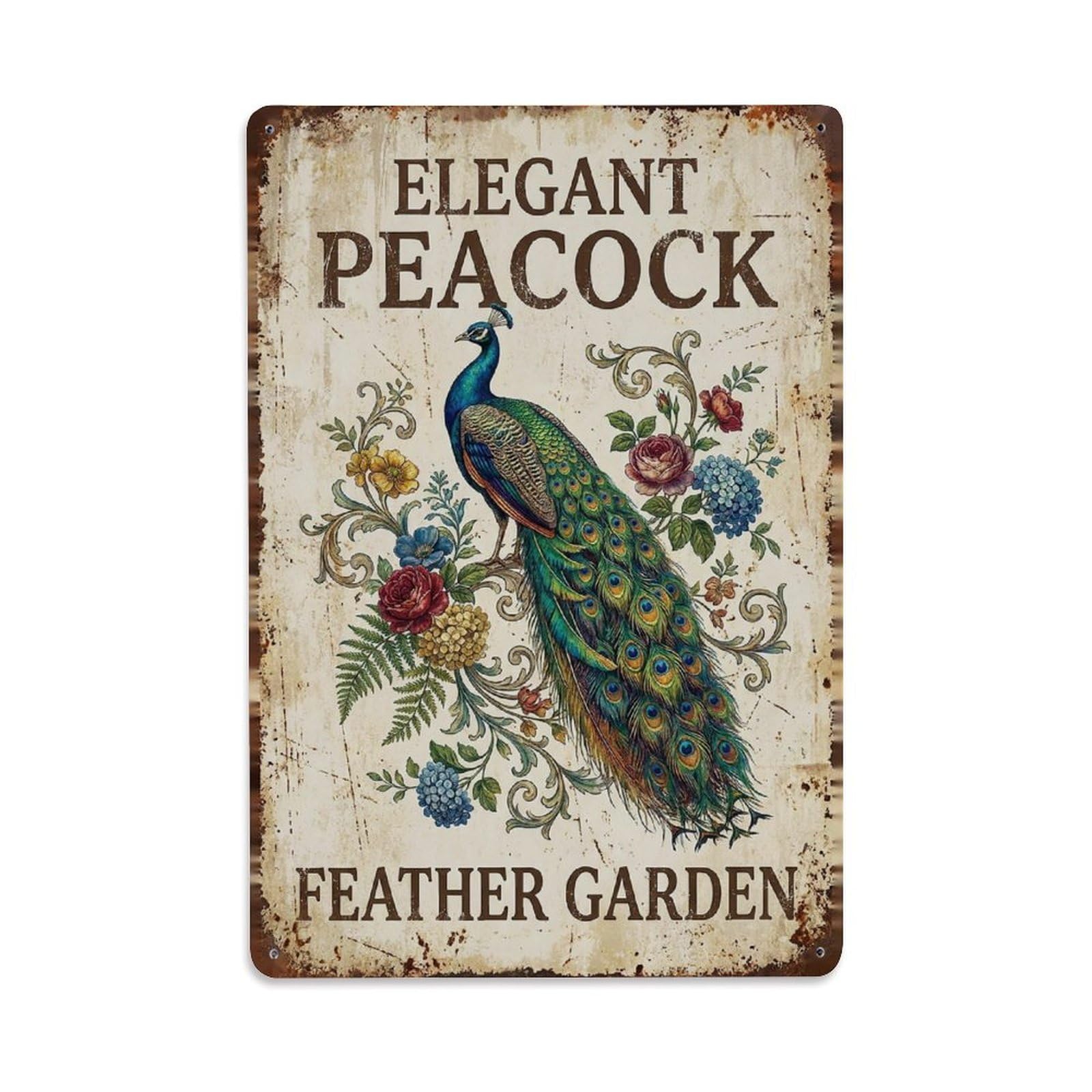 Peacock Feather Garden Botanical Quote Comic Vintage Metal Tin Sign Plaque Wall Decor for Cafe, Man Cave, Club Bar, Office, Home Garden Round Metal Poster 8x12Inch