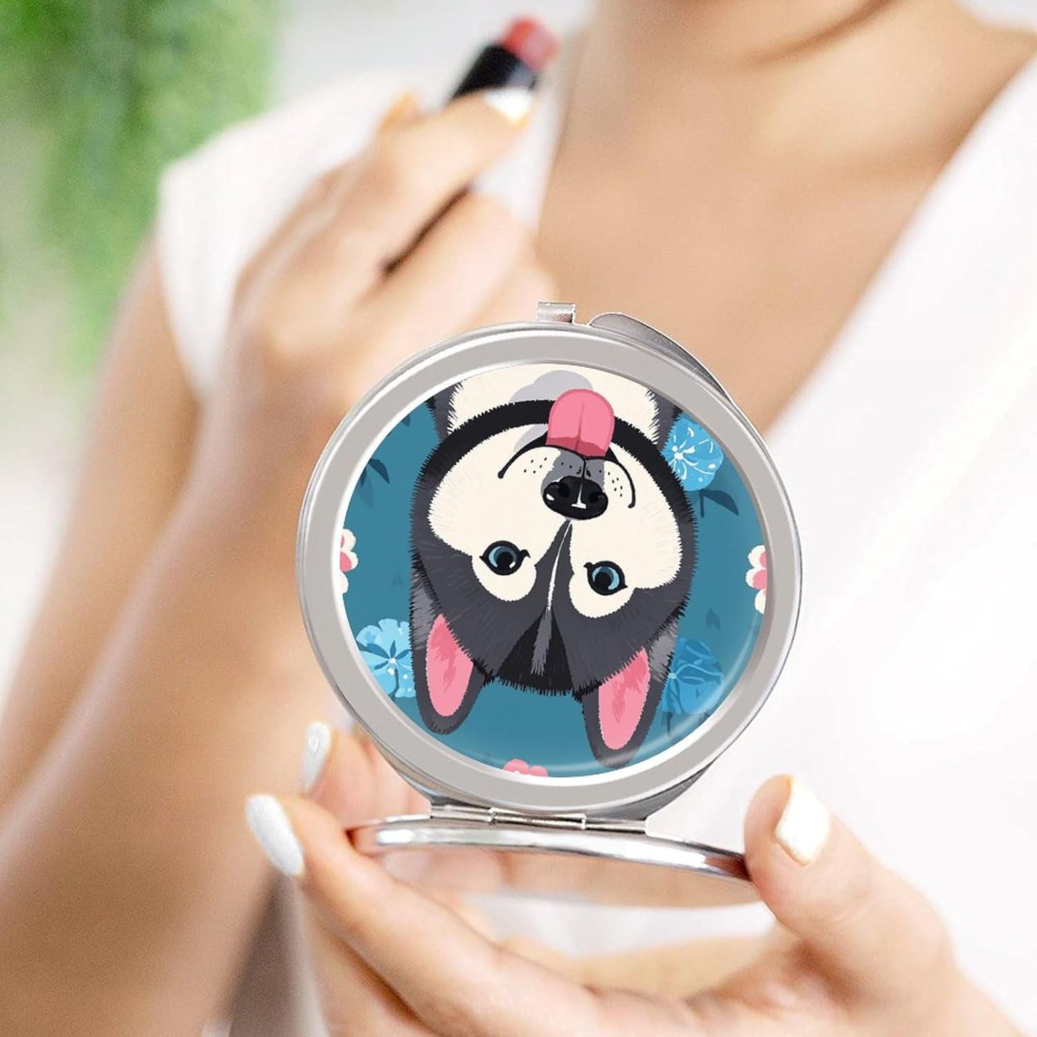Husky Dog Pattern Makeup Mirror, Travel Vanity Mini Mirror with Double-Sided 2 X 1x Magnification, Portable Handheld Cosmetic Mirrors with Mirrors Cover for Purse & On-The-Go Touch Ups image 4