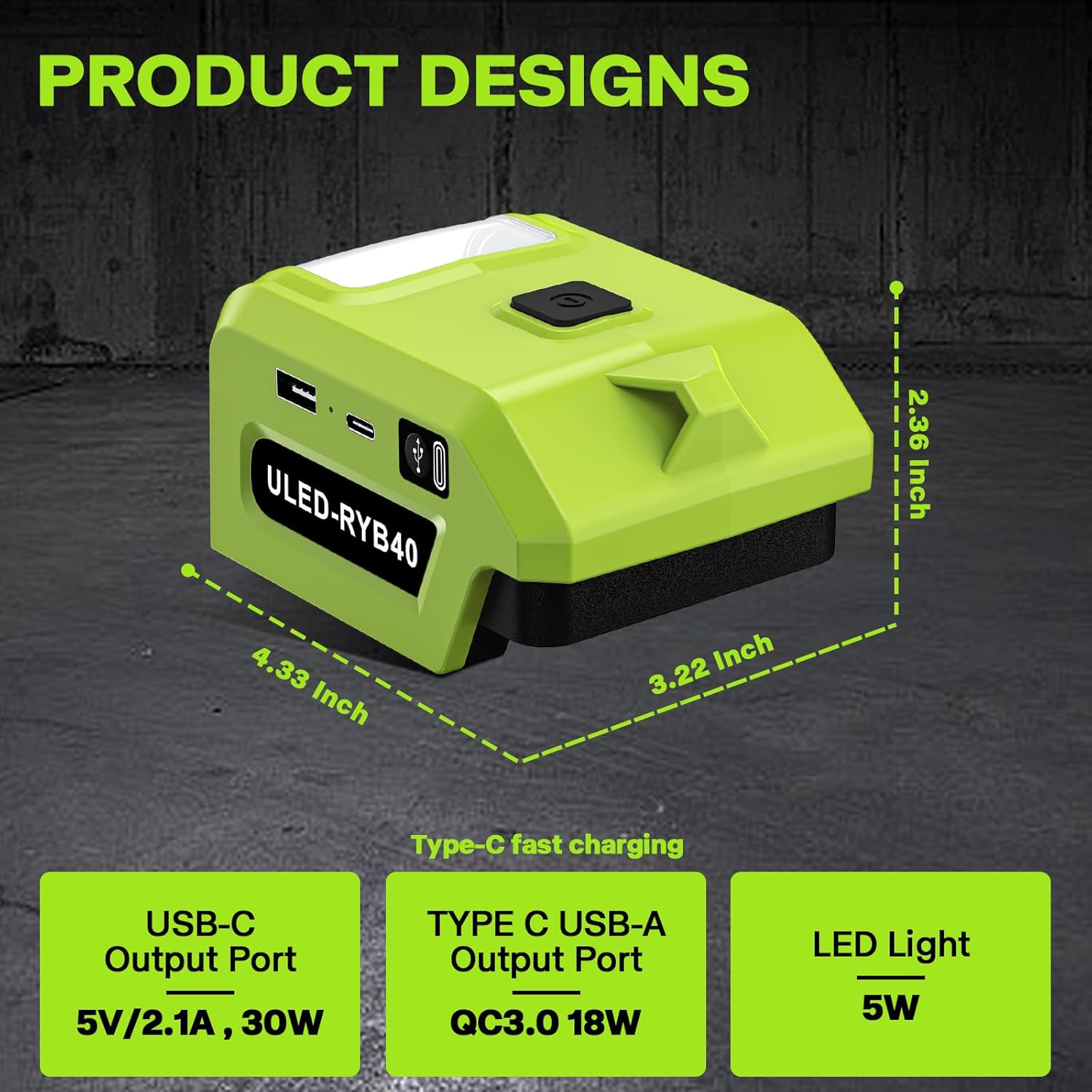 USB Charger Adapter for Ryobi 40V Battery, 5W LED Work Light, Type‑C PD 30W USB‑A QC3.0 Fast Charging, Portable Outdoor Power Adapter