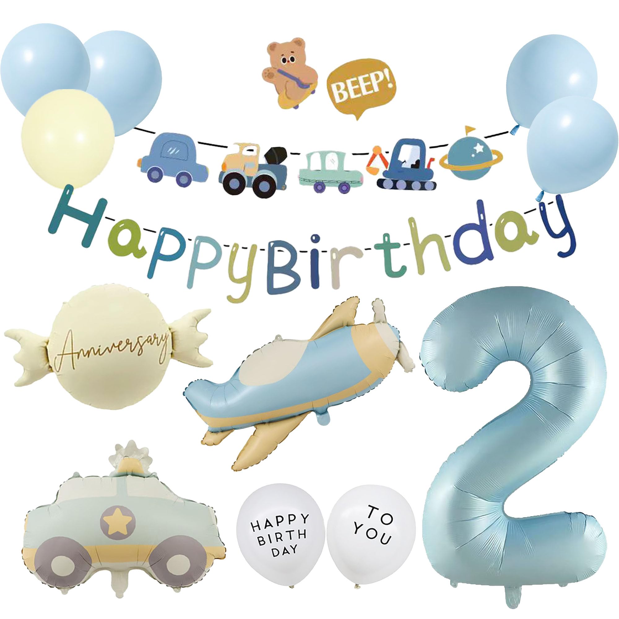 ZHUHAOYUN 誕生日 飾り付け 2歳 誕生日風船乗り物バルーンセットHAPPY BIRTHDAY ガーランハッピーバースデーパーティー装飾パ飛行機 パトカーーティー サプライズお祝男の子