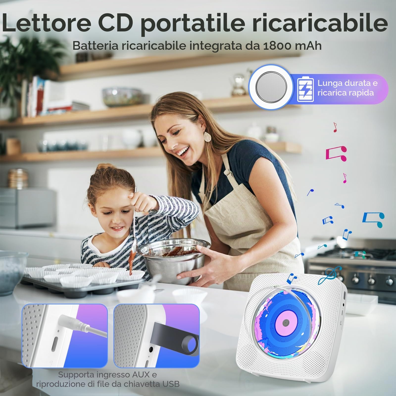 Lettore CD Portatile Bluetooth Kegaudio con Altoparlante USB/AUX Presa per Cuffie Bianco