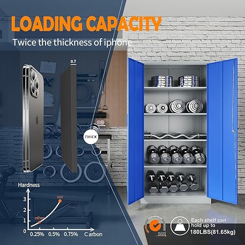 Miniatura 4 de Yizosh Armario de almacenamiento de metal para garaje con 2 puertas y 5 estantes ajustables, gabinete de archivo de acero con cerradura de 71