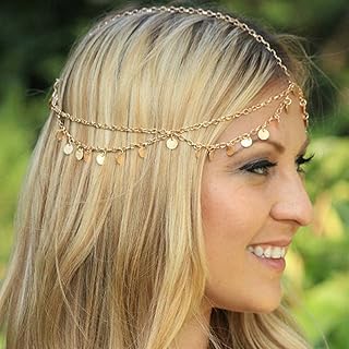 Boho Layered Sequin Headpiecs Tassel Pendant Head Chain Gold Forehead Gypsy Headpiece Festival Halloween Prom Costume Hair...