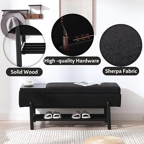 Miniatura 3 de Banco de sherpa negro para dormitorio, extremo de la cama, banco otomano de almacenamiento tapizado, banco de almacenamiento moderno con asiento