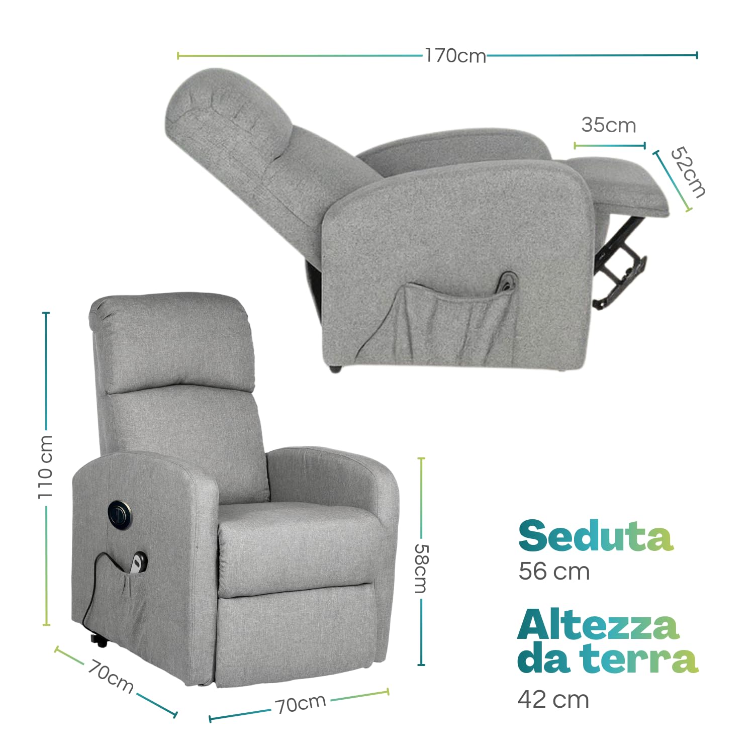 PALUPLUS Poltrona Dynamica Motorizzata Reclinabile e Massaggiante, Misura 74x77x110 cm, Poltrona in Tessuto Traspirante con Poggiapiedi, Alzapersona Automatica e 2 Ruote, Design Elegante -40 (Grigio)