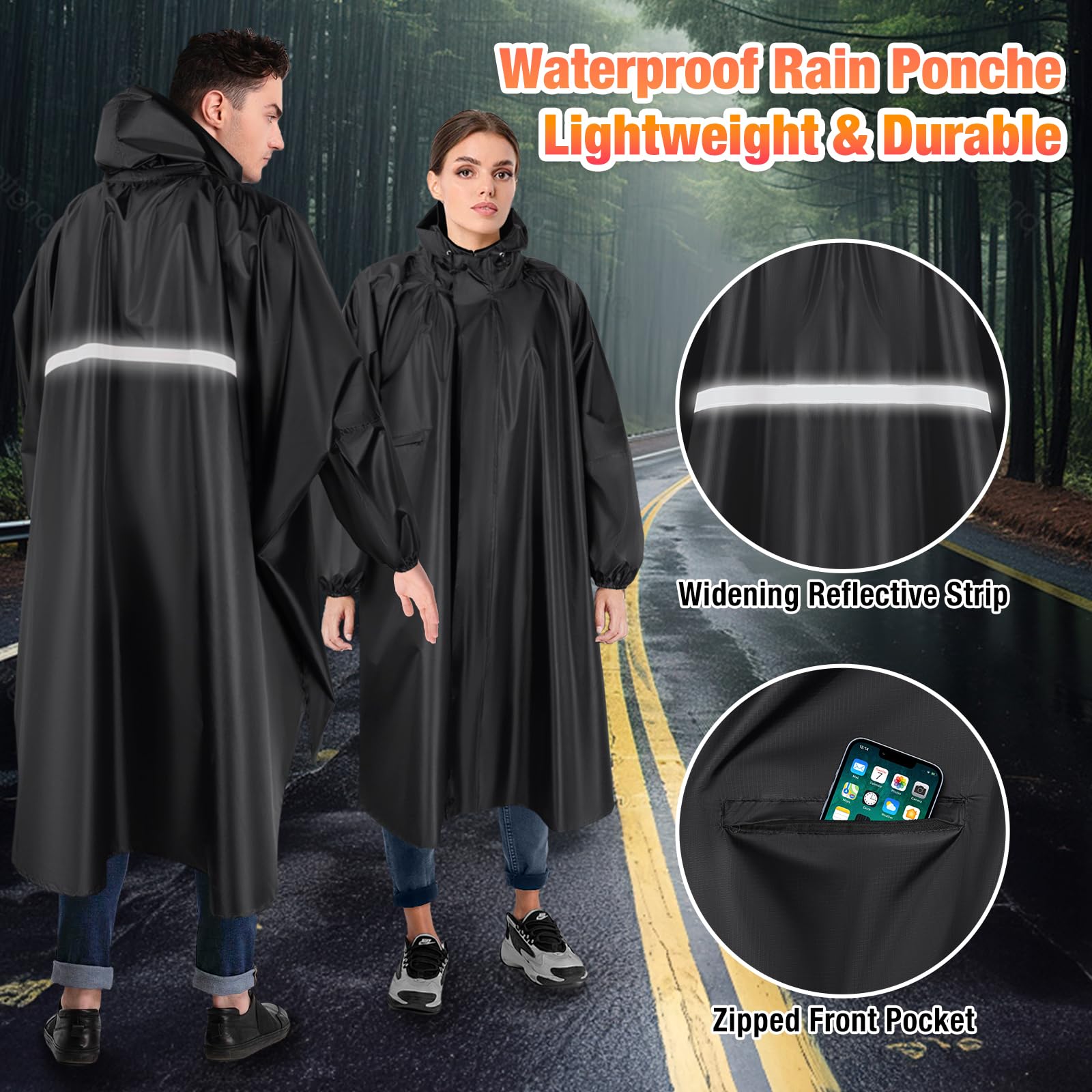 LUROON Poncho Pluie Imperméable avec Capuche Cape de Pluie Pliable avec Poches Bandes Réfléchissantes, Poncho Imperméable Unisexe Poncho Pluie Réutilisable,Cape de Pluie pour Randonnée Voyage Cyclisme