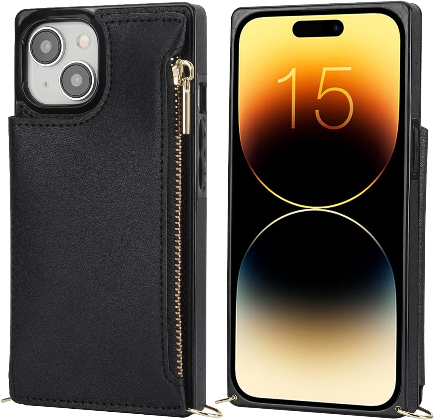 Bocasal Crossbody Wallet Case for iPhone 15 with RFID Blocking Card Slot Holder, Magnetic Flip Folio Purse Case, PU Leather Zipper Handbag with Detachable Lanyard Strap 6.1 Inch 5G (Black)