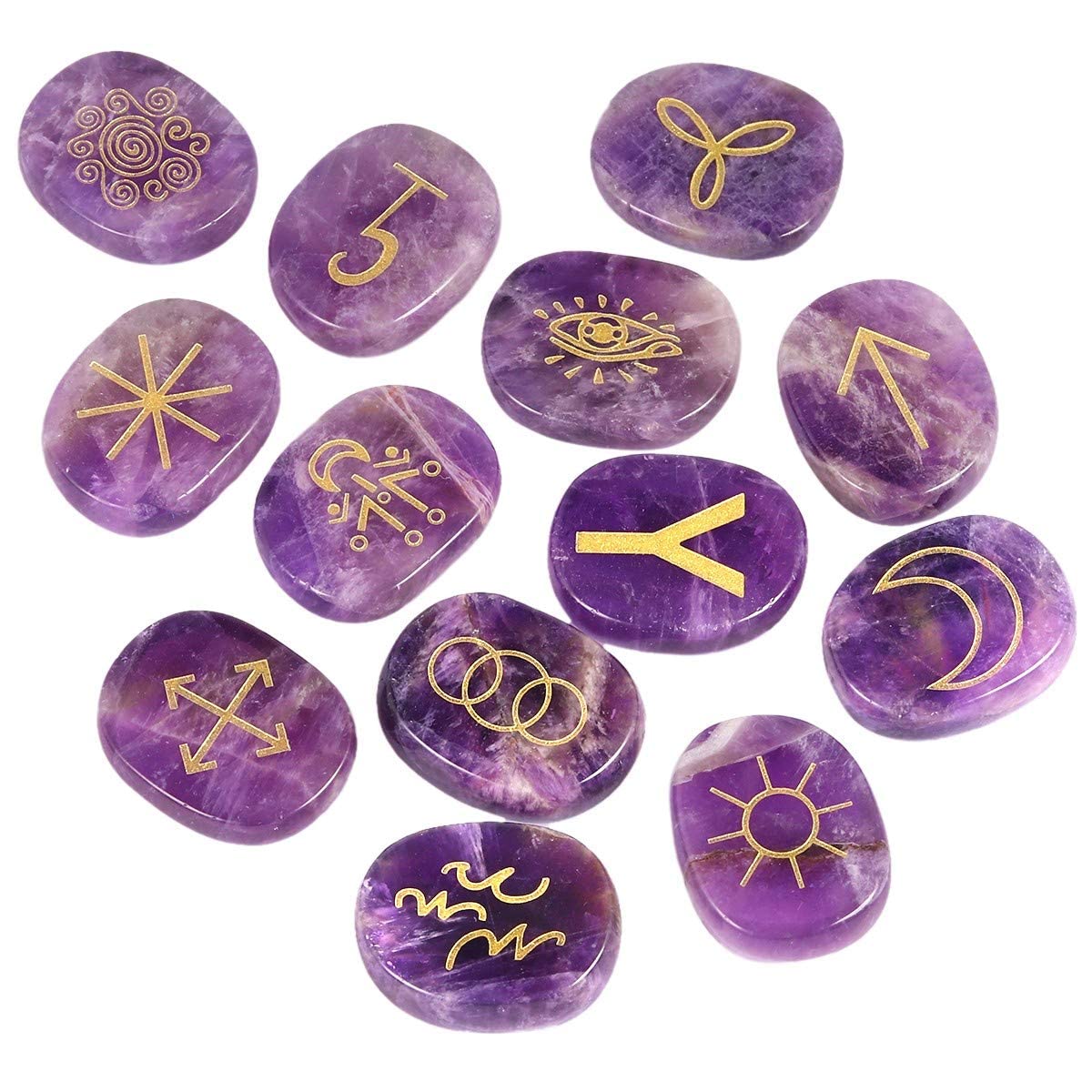 KYEYGWO 13pcs Améthyste Pierre de Rune pour Divination Décoration Méditation, Reiki Pierre Précieuse Gravée Symbole Runique Cristaux