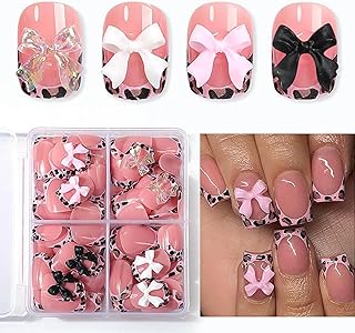 96-teiliges Set mit künstlichen Fingernägeln im French-Tip-Design, kurzen, quadratischen Nägeln, rosa Leopardenmuster, Schleifenanhängern und Maniküre-Dekoration