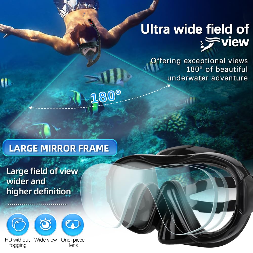 Set professionale per snorkeling a secco, in silicone, 3D, tridimensionale, panoramica a 180°, maschera subacquea grandangolare a 180°, adatta per immersioni, nuoto e viaggi