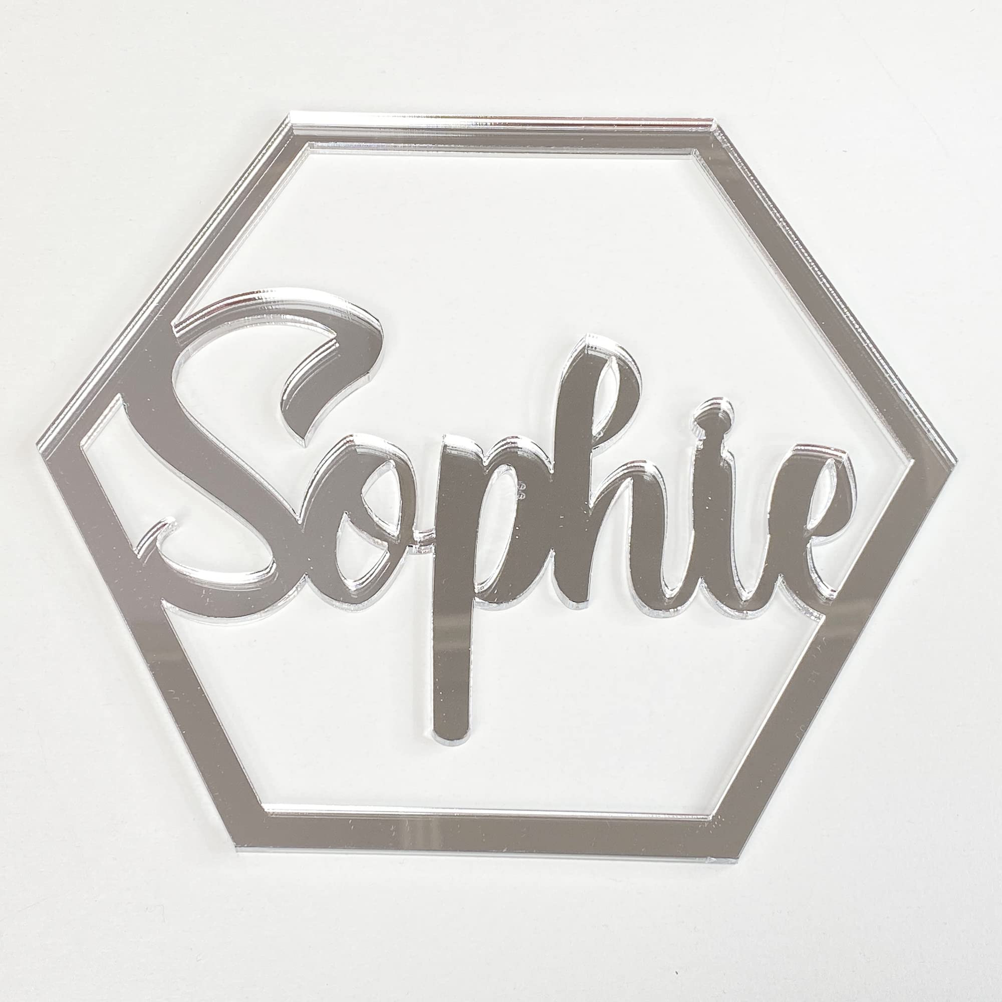 Personalised Any Name Text Wooden Colour Hoop Acrylic Mirror Floral Wedding Wreath Hanging Door Sign Wall Decoration Plaque Hexagon (Silver Mirror, 20cm)