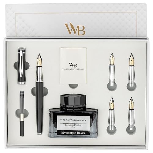 Wordsworth & Black Fountain Pen Gift Set - Ink Bottle, Cartridges, Converter, Replacement Nibs, Premium Package for Journaling, Calligraphy, Smooth Writing [Black Chrome] - Black Chrome