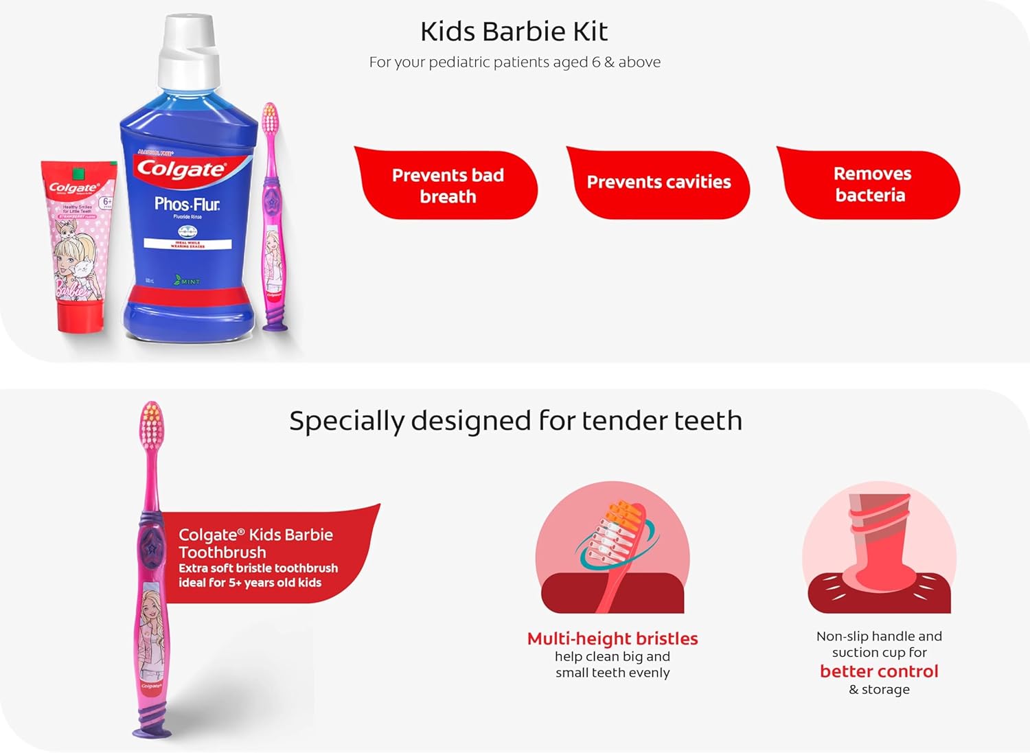 Colgate Kids Barbie Complete Dental Care Strawberry Flavour Toothpaste 80g and PhosFlur Mint MouthWash 500ml with Toothbrush Extra Soft with Tongue Cleaner for Children Above 6 Years