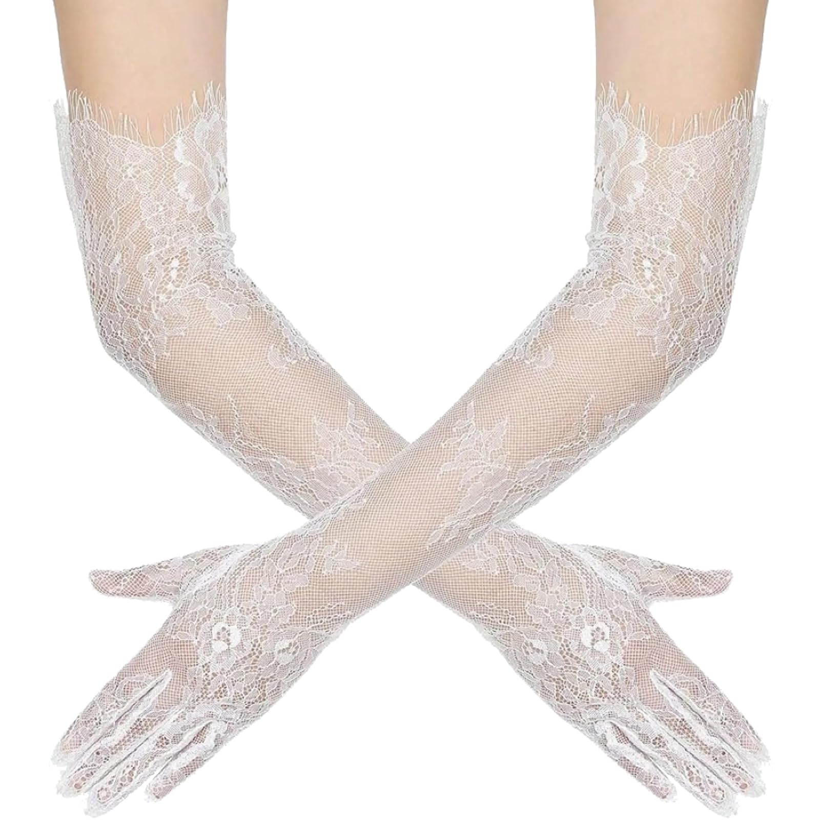 Amazleer Women Lace Gloves, Elbow Length Floral Mesh Tulle Sheer Glove, 1920s Style for Party Wedding White (White, One Size)