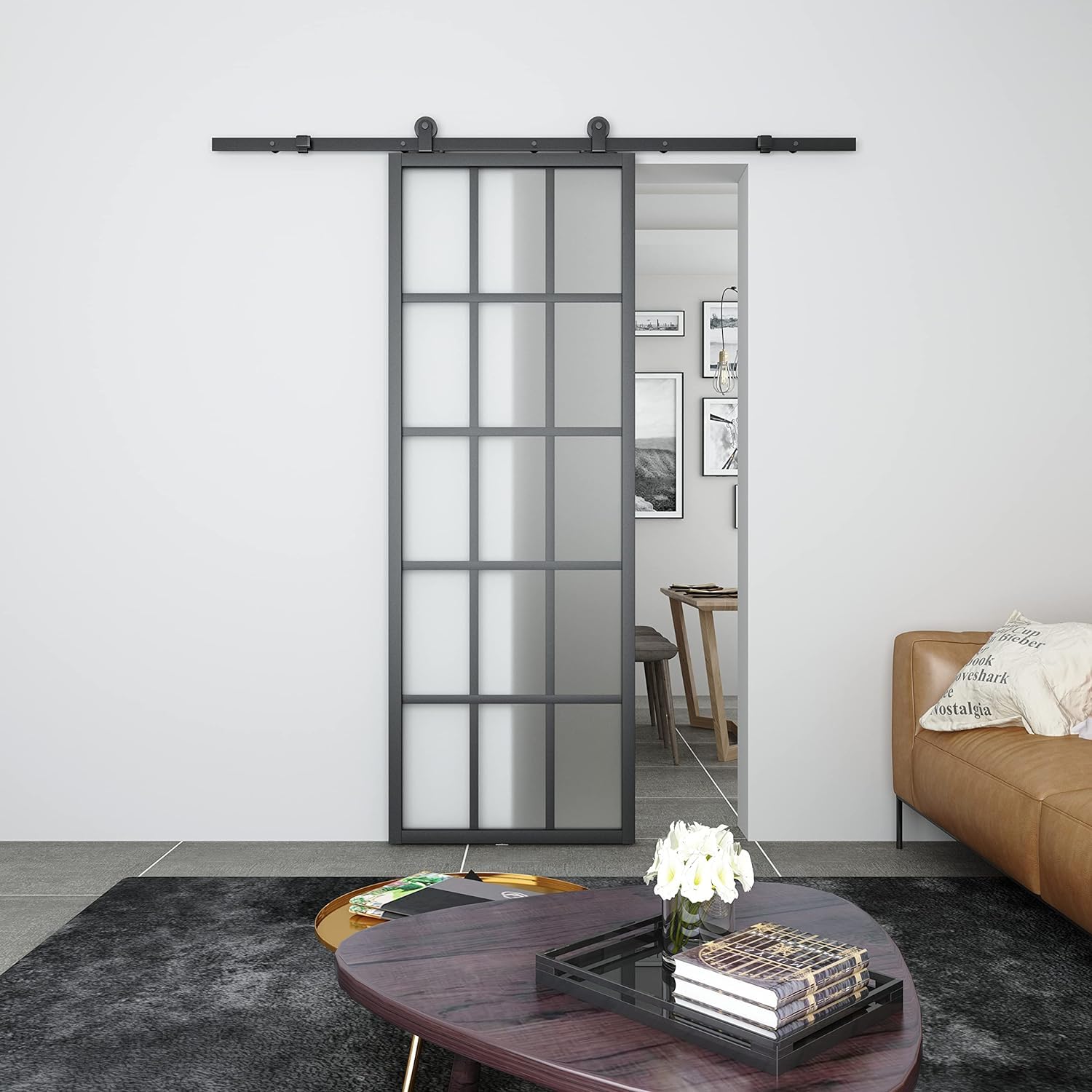 barnsmith 30in x 84in glass barn door 5 panel diy aluminum frame tempered frosted glass sliding door slab,pre-drilled holes,assemble required (incomplete sliding hardware only )