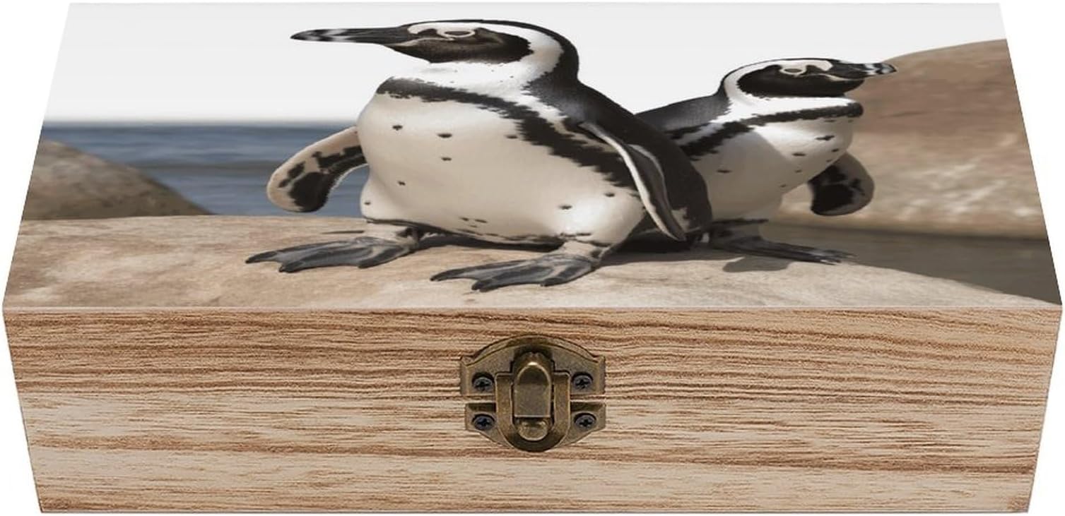African Penguin Wooden Storage Box Wooden Keepsake Box with A Hinged Lid Fashion Decorative Jewelry Case for Crafts Photo Home Decor