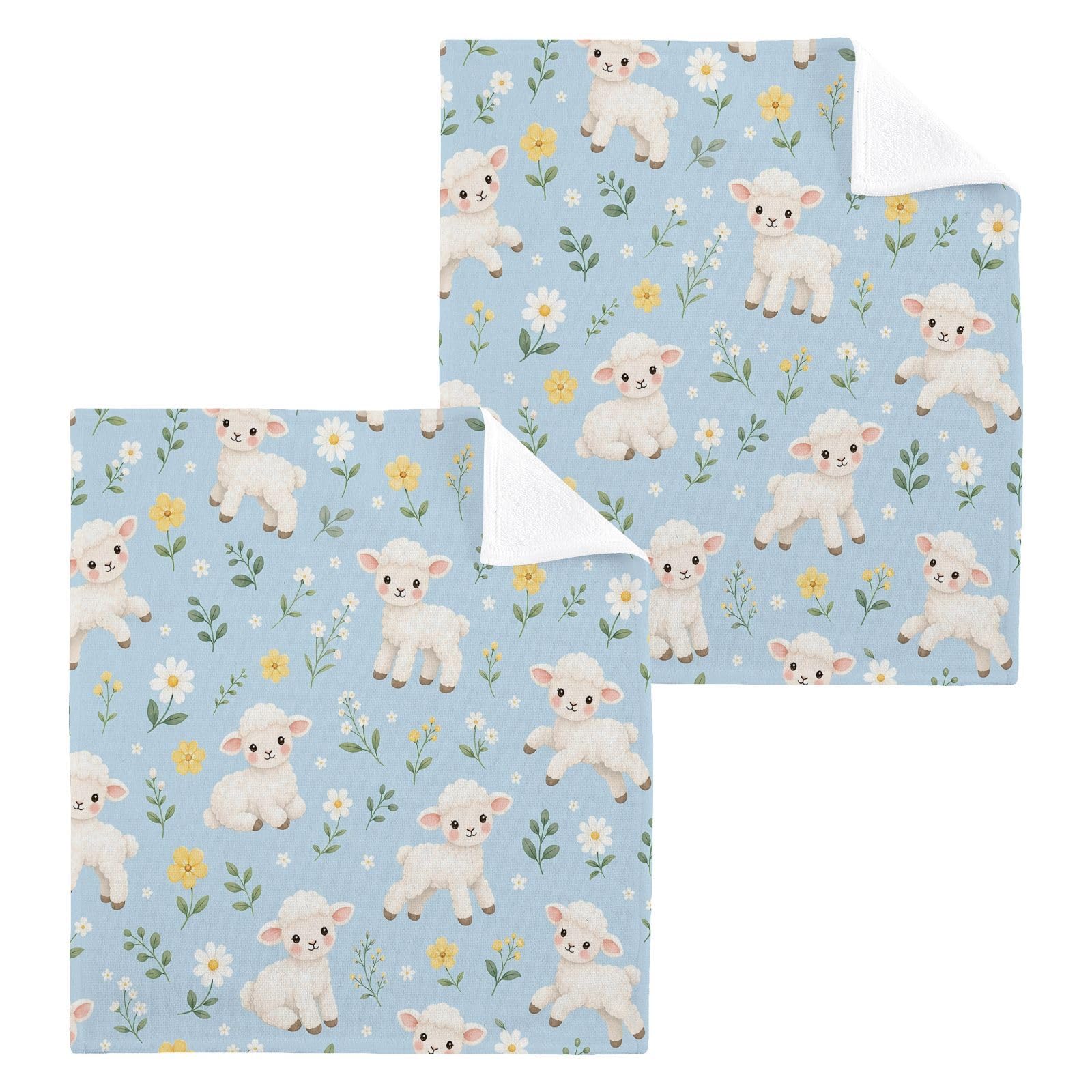 BOESI Floral Lamb 12x12in Cotton Washcloth,Soft Absorbent Face Towel