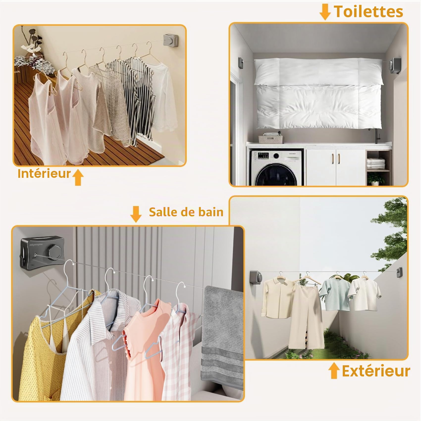 Corde à Linge Rétractable 5.1m, Acier Inoxydable Fil a Linge Extérieur Retractable (Noir)