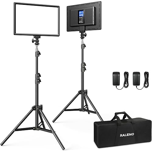 RALENO 13" LED Video Light Panel, 2-Pack Bi Color Photography Lighting Kit with 75" Stand & LCD Display, Studio Lights with 8000mAh Built-in Battery for Video Recording/Tiktok Live Streaming/Game