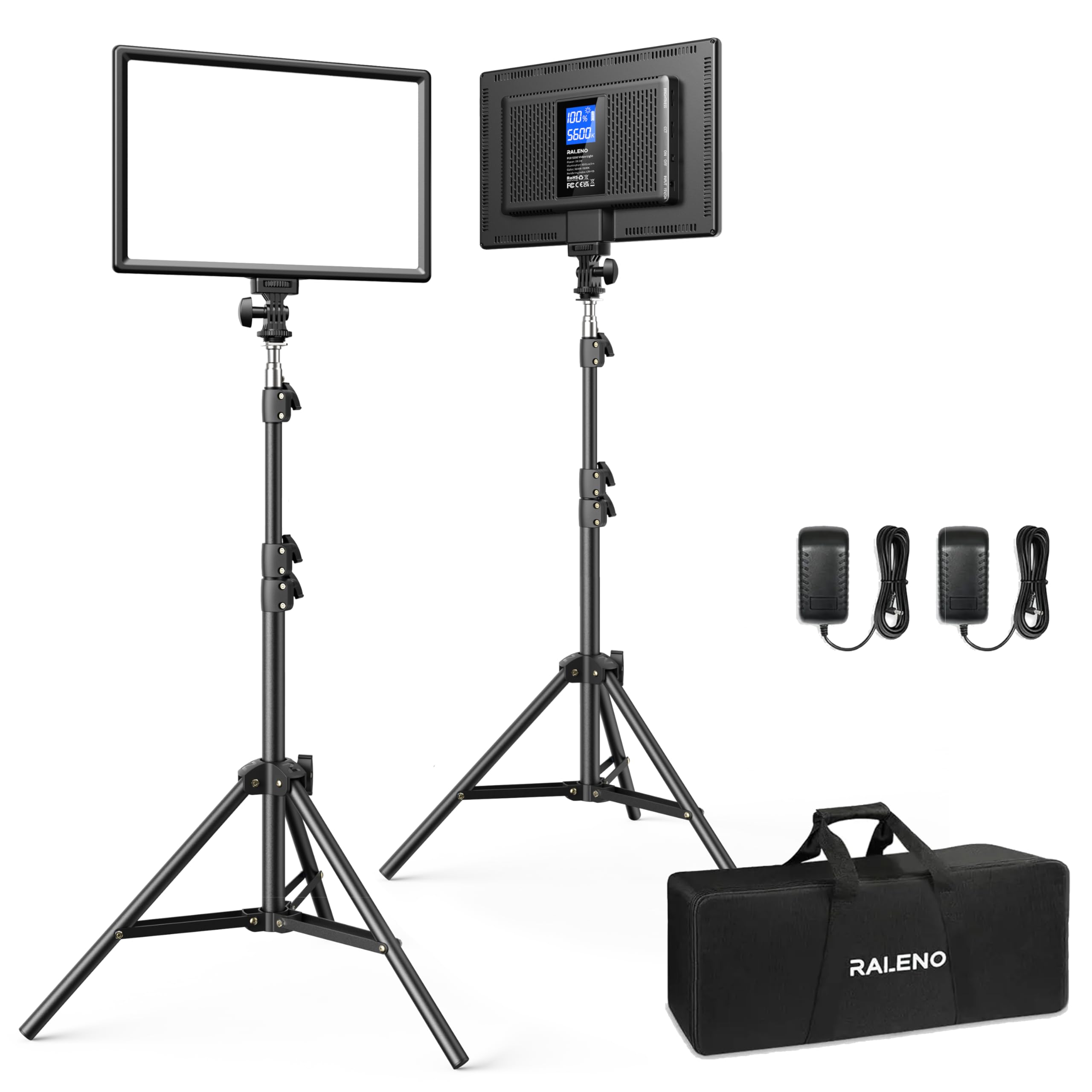 RALENO 13" LED Video Light Panel, 2-Pack 2500-6500K Bi Color Studio Lights Kit with 75" Stand & LCD Display, 8000mAh Battery Photography Lighting for Video Recording/Tiktok Streaming/Game/Podcast