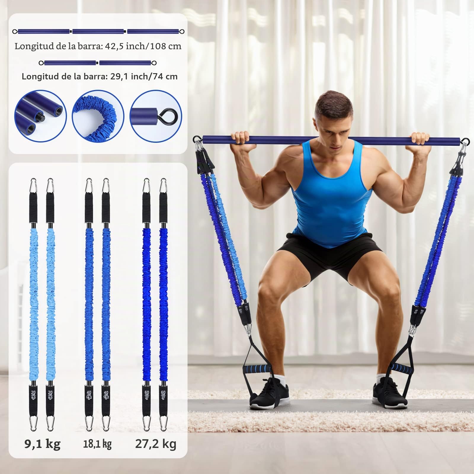 Barra de Pilates, ALongSong Barra Pilates Hecha de Hierro, 6 Gomas Elasticas Musculacion de Tubo de Látex Natural(20-240lbs), Pilates Bar con Dos Longitud para Hmobre, Ideal para Fitness, Musculacion