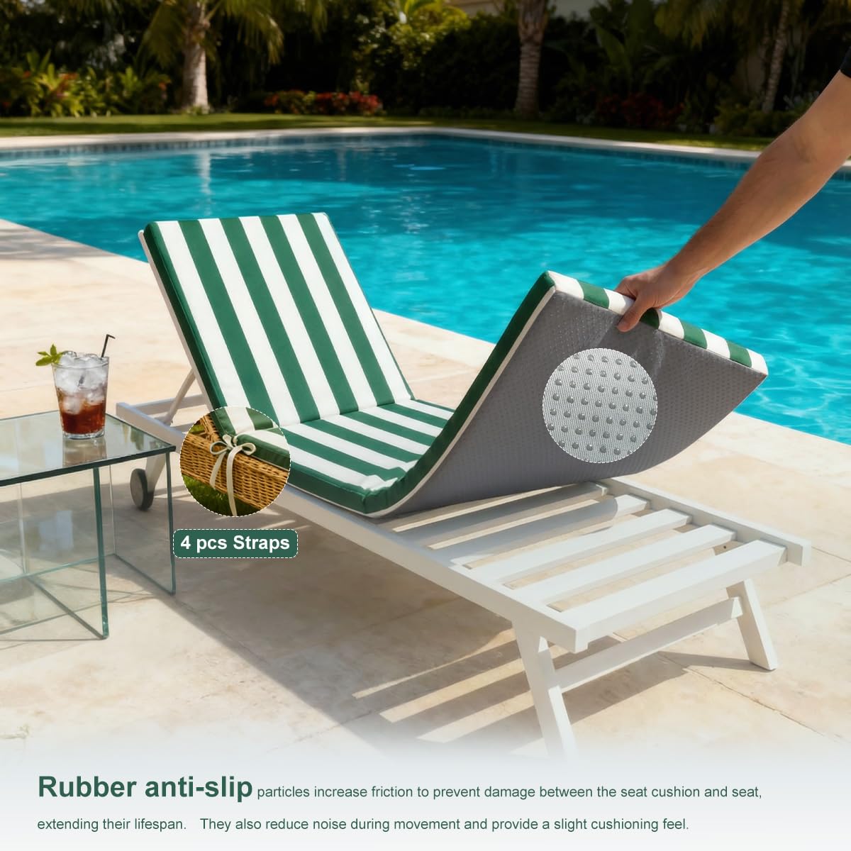 Materassino per lettino Prendisole da Giardino Impermeabile, Cuscino per lettino Prendisole Imbottito in Poliestere Anti-UV, Fondo Antiscivolo con 4 Lacci, Pieghevole, Lavabile,Dark green,178x59x10cm