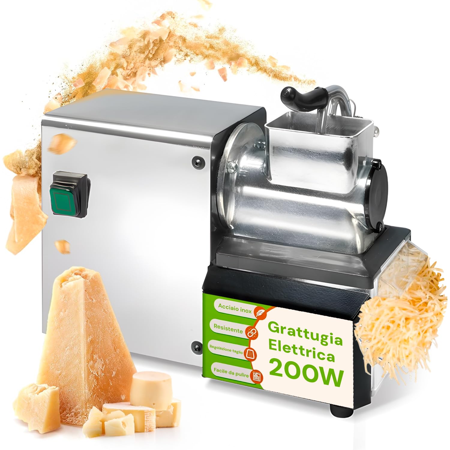 Avilia Rallador eléctrico profesional para queso, de acero inoxidable, 200 W, ideal para queso, chocolate, pan – Corte ajustable, 32,5 × 15 cm – Fabricado en Italia