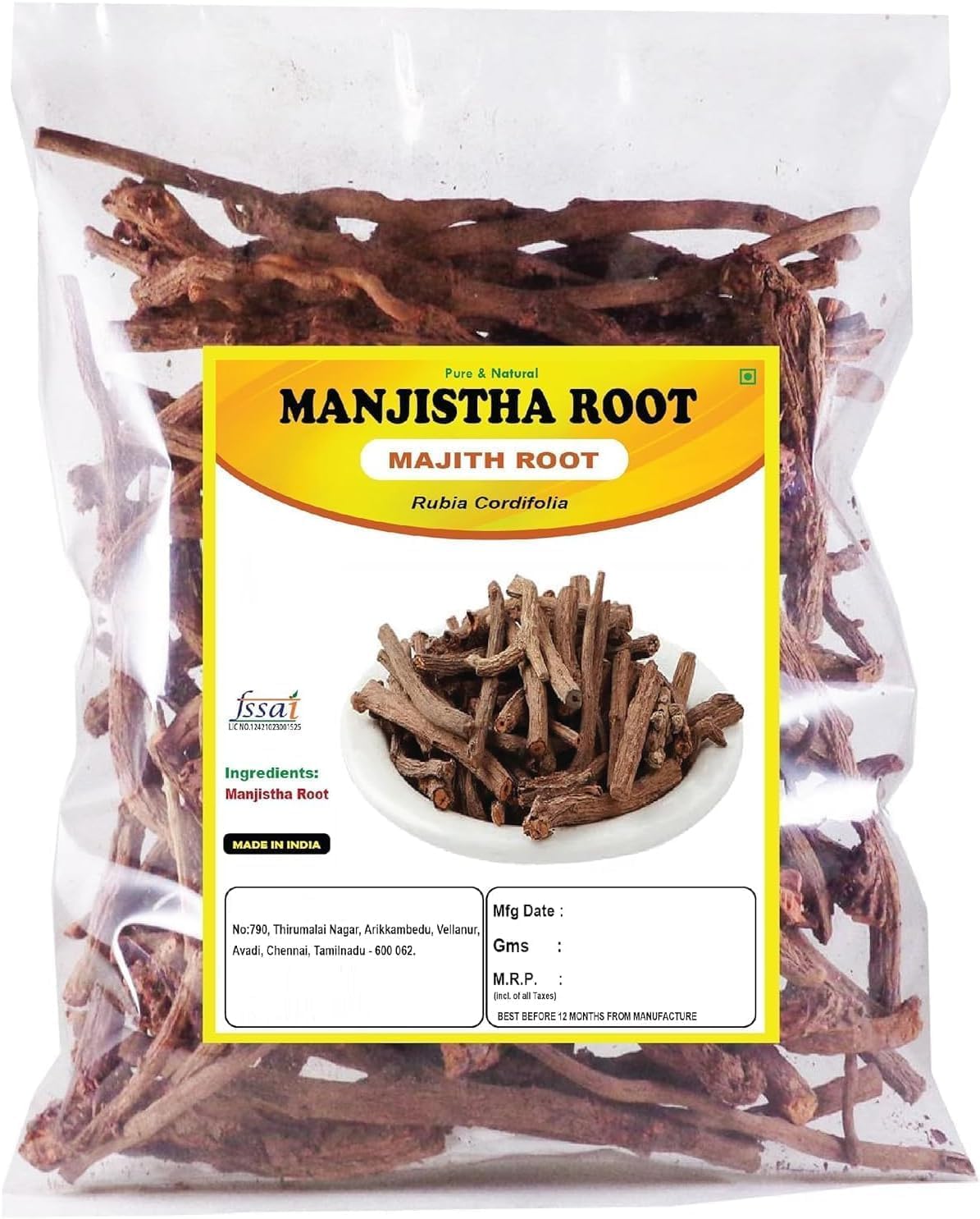 VK Manjistha Root - 100g - Dried - Rubia Cordifolia | Majith | Indian Madder