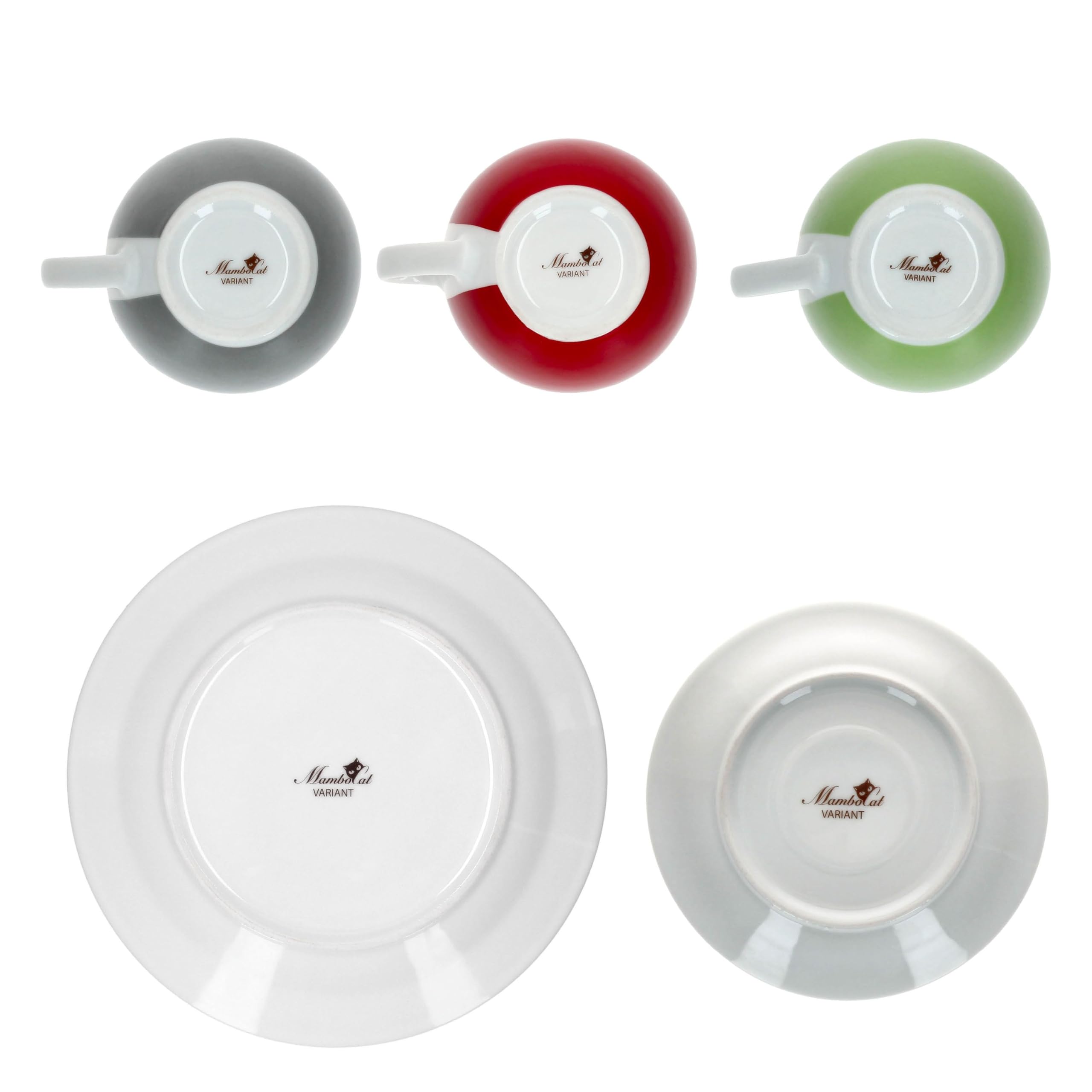 MamboCat Variant Trio 18tlg Kaffeeservice I farbige Porzellan-Kaffeeset für 6 Personen in Grün, Rot & Grau I Je 6X Kaffeetassen 200ml, Untertassen & Kuchenteller für Frühstück & Kaffee