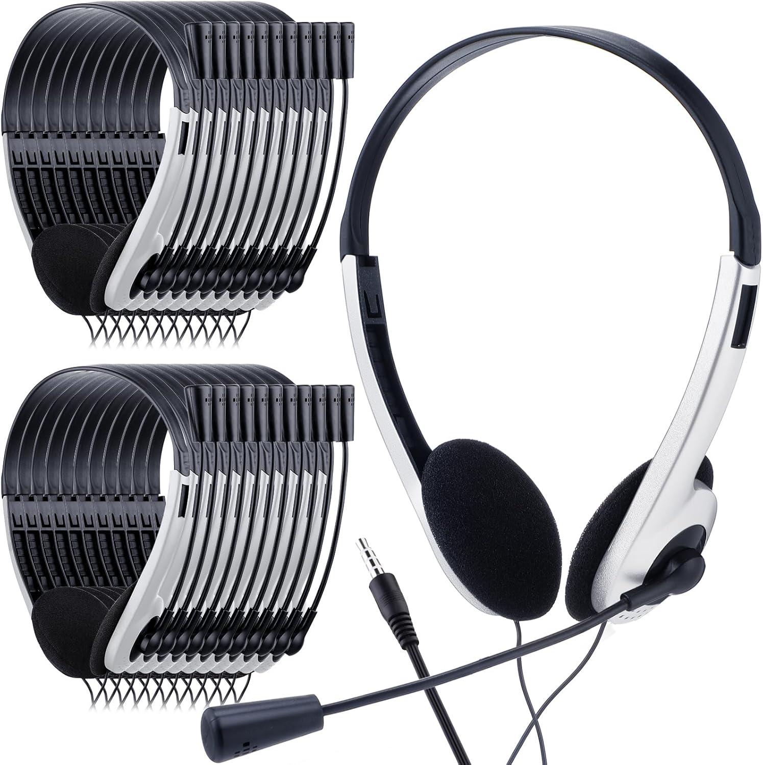 Yunsailing 30 Pack Classroom Headphones with Microphone Kids School Student Headphones Bulk Class Set Lightweight Adjustable Earphones on Ear with 3.5 mm Jack (White)