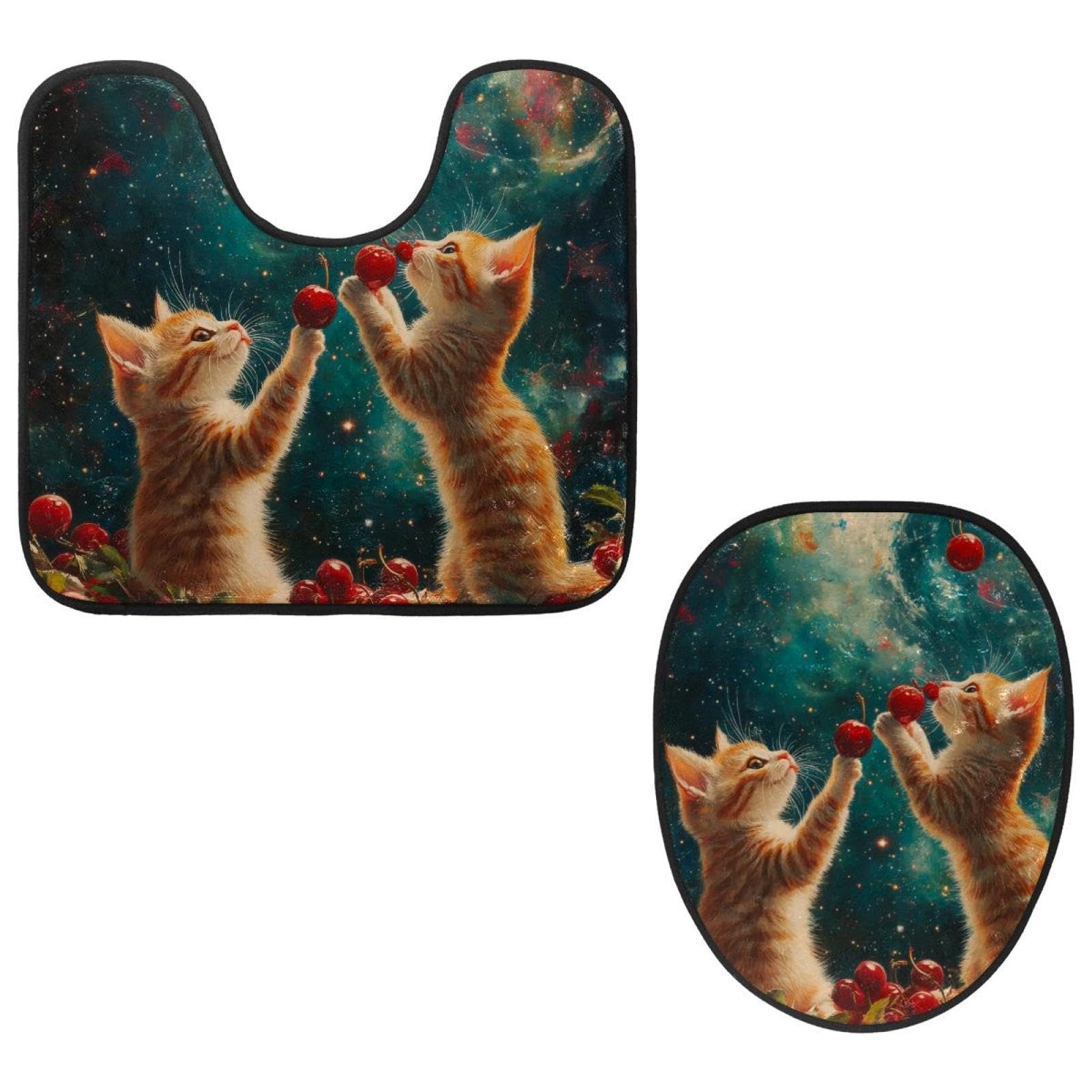 MUOOUM Toilet Lid Cover and U-Shaped Toilet Floor Mat Set of 2 Pieces, Galaxy Kittens Cherries Toilet Mat Set, Machine Washable Seat Covers Non-Slip Absorbent Rugs