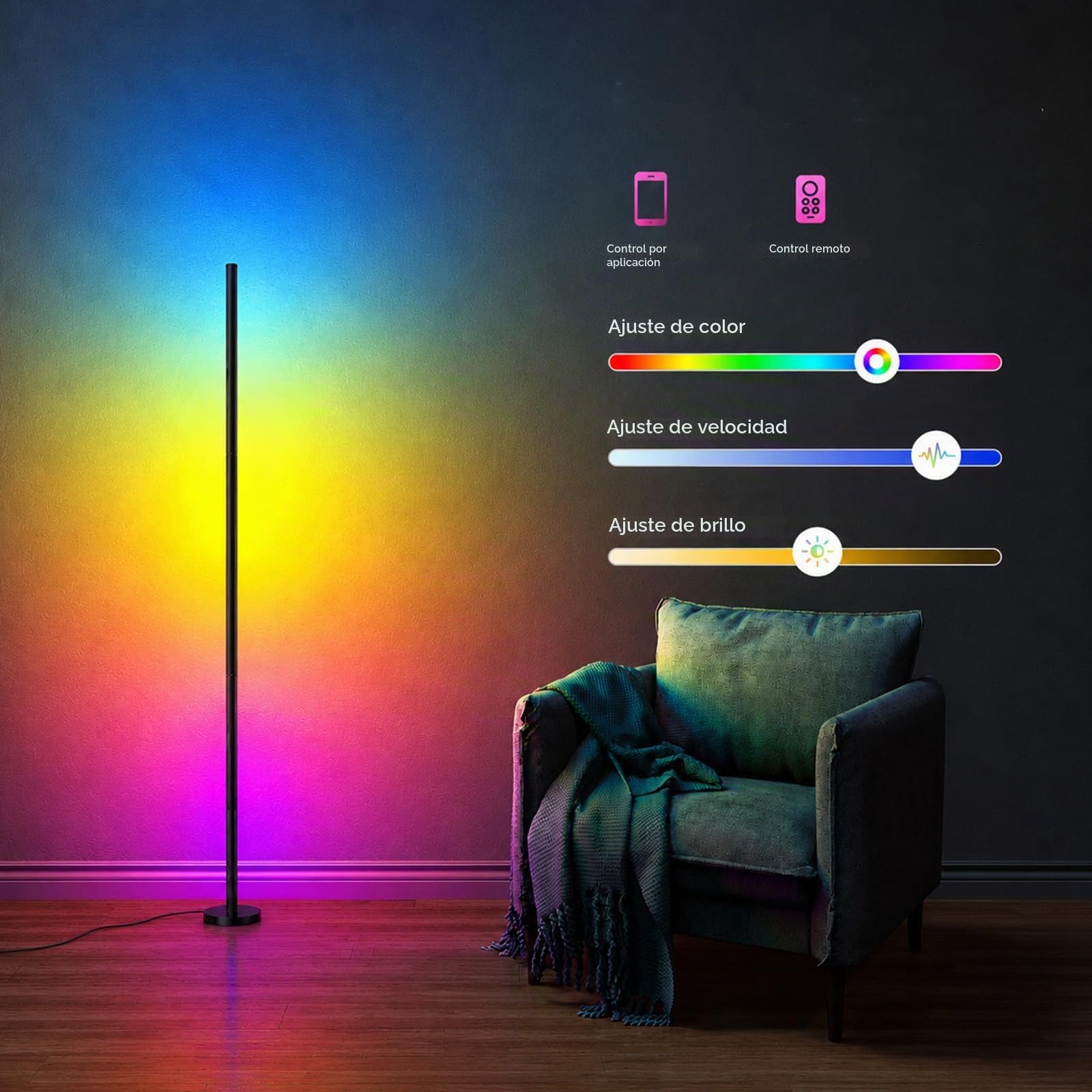 Lámpara de pie RGB para salón, 120 cm, juego de 2 lámparas de esquina regulables con aplicación inteligente y mando a distancia, lámpara de pie LED DIY con 16 millones de colores, sincronización de