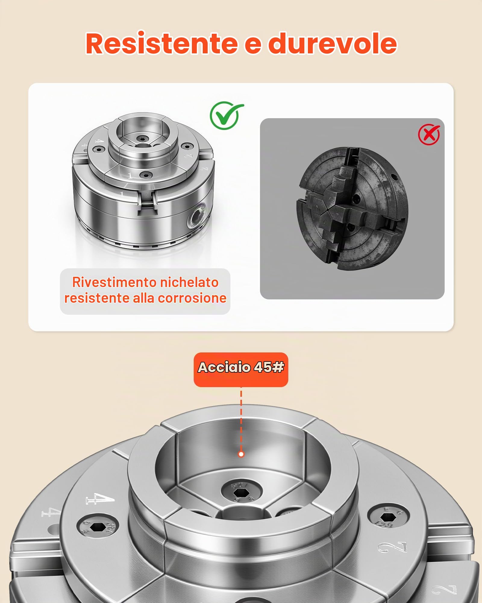 VEVOR Mandrino per Tornio per Legno, Mandrino Autocentrante a 4 Griffe da 102 mm per Tornitura del Legno con Adattatore da 1 pollice x 8 TPI, 5 Griffe, Valigetta per Trasporto, Set di Mandrini
