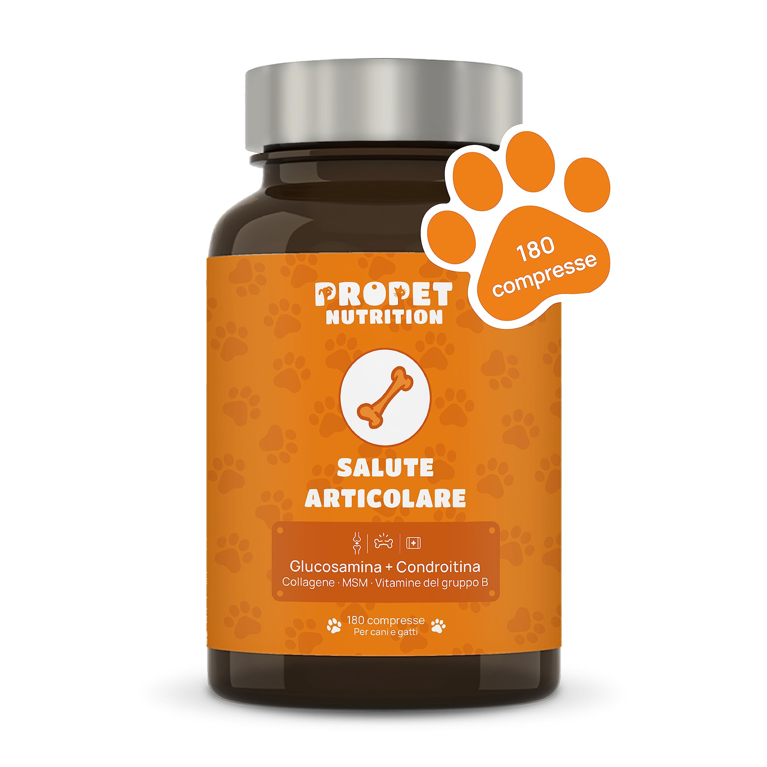 Integratore Articolazioni Cane e Gatto. 180 Compresse. Glucosamina e Condroitina, Collagene, 10 Vitamine per Cani e Gatti. Alta Concentrazione. Antifiammatorio. Supporta la Mobilità. Joint Care Cani
