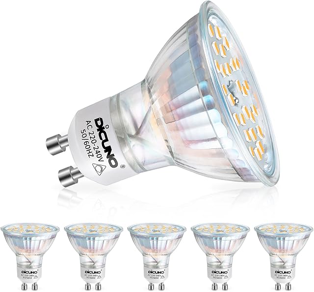 DiCUNO GU10 Dimmable LED Bulb, 4W Warm White 2700K Light Bulbs, 40W Halogen Equivalent, 400LM Energy Saving, 120°Beam Angle, AC 220-240V, Glass, 6 Packs