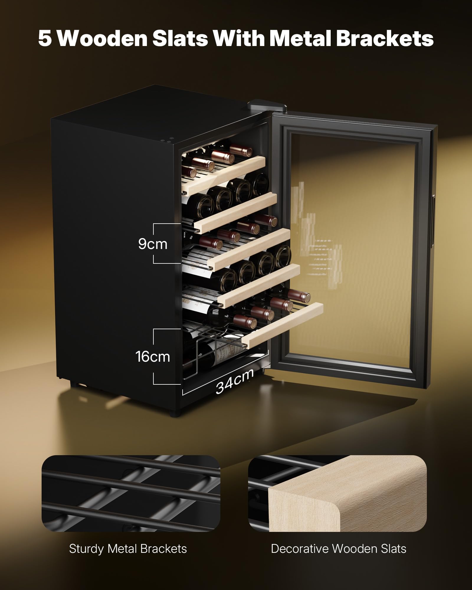 Upstreman Wine Fridge 24-Bottle, Full Glass Door Wine Cooler, 5°C - 20°C Adjustable, Built-in & Under-Counter Design, Double Glazing, Touch Control Panel, LED Light, 5 Shelves, W24-Black — view 3