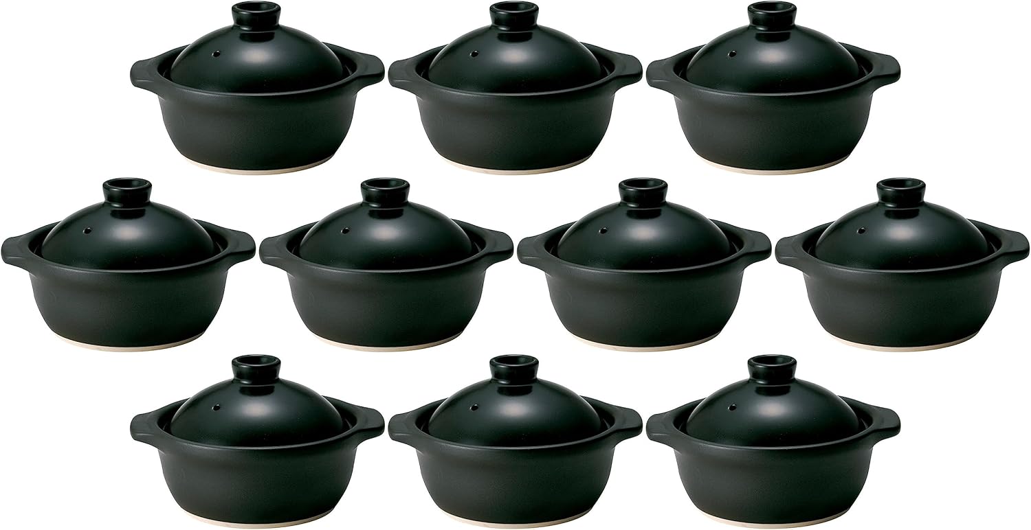 Set of 10, Bagna Cauda Fondue No. 4 Pot-feu Pot, Black, 7.3 x 6.3 x 4.3 inches (18.6 x 16 x 11 cm), Earthenware Pot