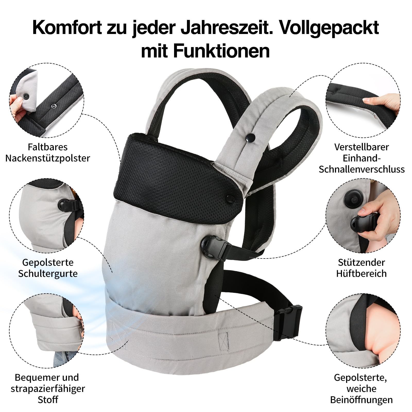 Babytrage für Neugeborene bis Kleinkinder, Ergonomische Bequeme und Leichte Tragetuch, Verstellbare Kopf- und Nackenstütze, Verbesserte Lendenwirbelstütze für Babys 4-20 kg 3-36 Monate, Grau