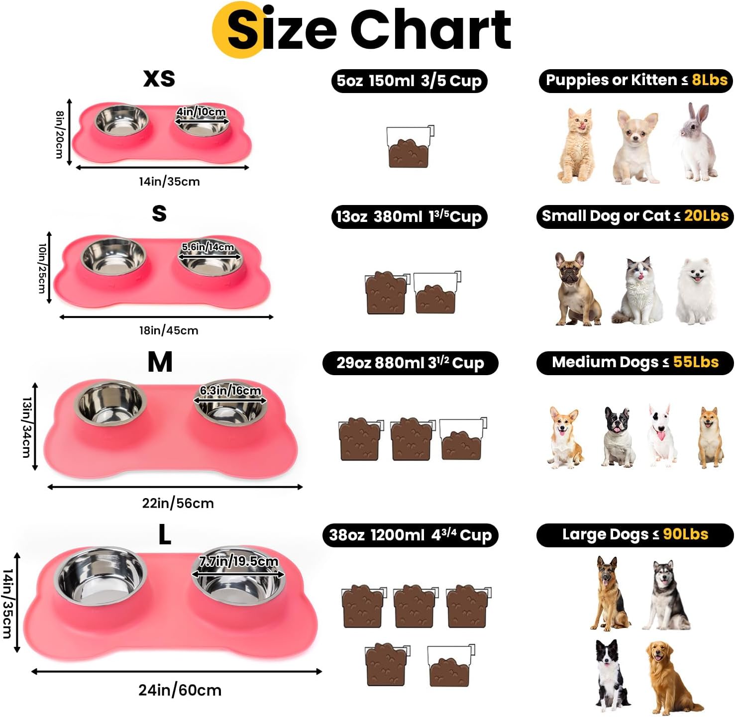 Conlun Dog Bowls with Non-Slip Silicone Mat, Spill Proof Large Food & Water Bowls Set, Easy Clean Dog Food Dish, Dishwasher Safe, Suitable for Dogs Cats Pet Under 90lbs, Large, Pink