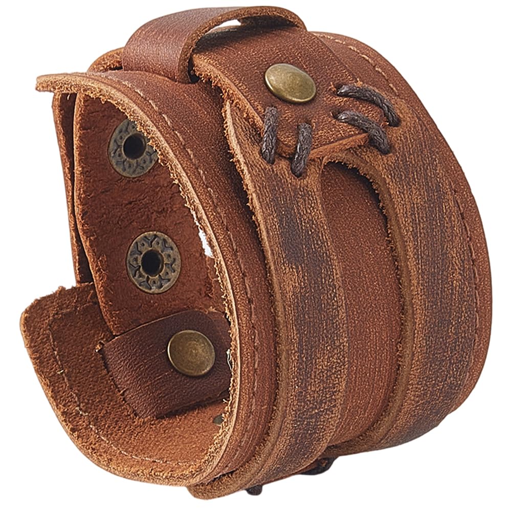 GORGECRAFT GORGECRAFT Pulsera de Cuero de Vaca Marrón para Hombre Estilo Punk de Cuero Genuino Estilo Nórdico Gótico Motero Ajustable Vikingo con Cordón Ancho Joyería Brazalete para Disfraz para Mujer Y Hombre.