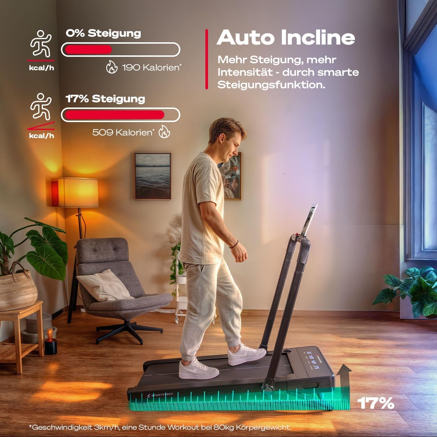 Tapis De Marche Et Course Sportstech SPad1000 – Inclinaison Auto 19%, 12 Km/h, Silencieux, Connecté
