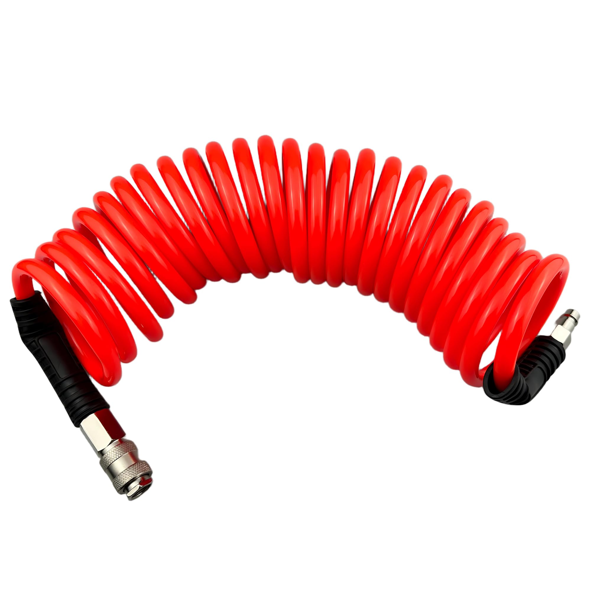 Darnassus Polyurethane Recoil Air Hose, 6 mm Inner Diameter, 6 m Red with Bend Restrictor and Industrial Quick Coupler and Plug