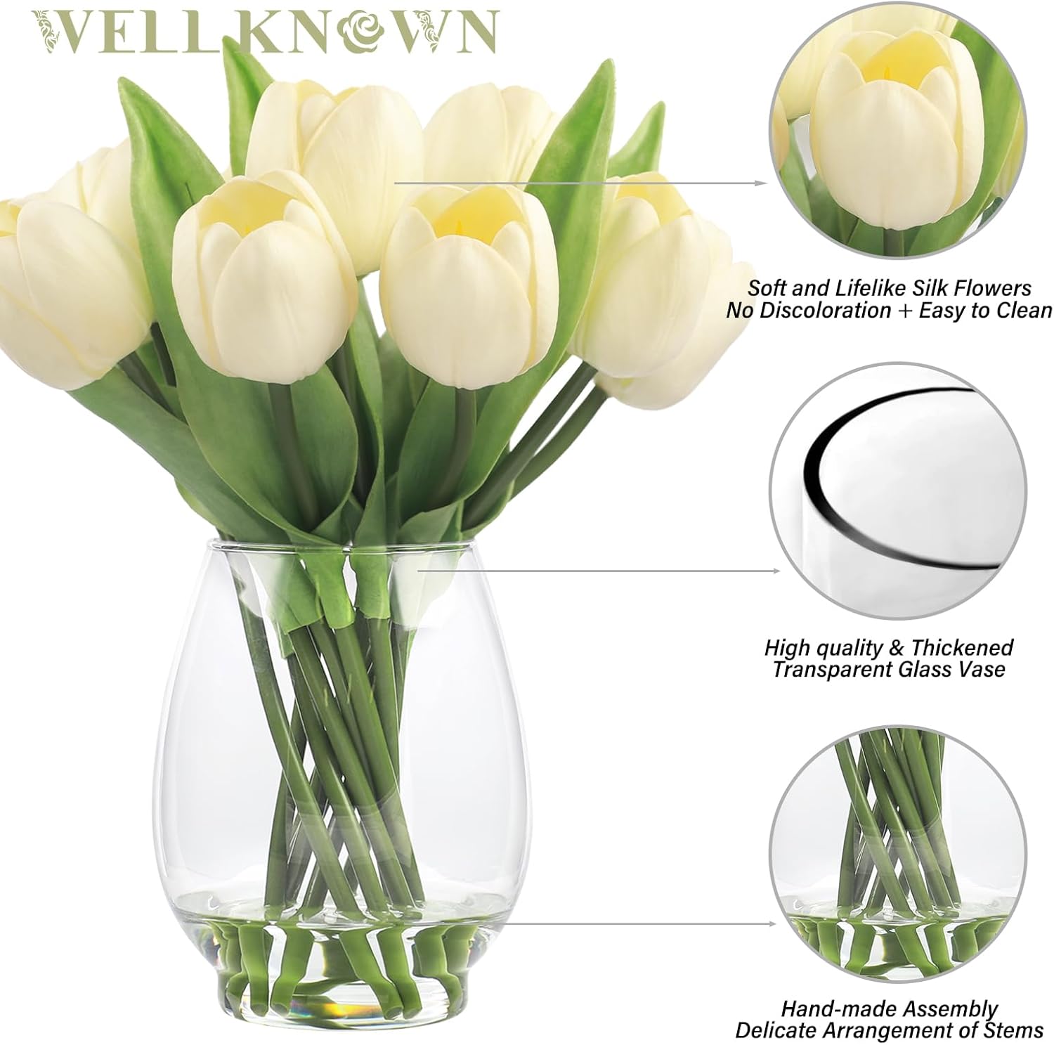 WELL KNOWN 12 Pcs Tulips Artificial Flowers in Vase, Real Touch Tulips with Vase with Upgrate Acrylic Water Flower Arrangements Centerpiece for Dining Room Table Decoration(Cream) - Image 4