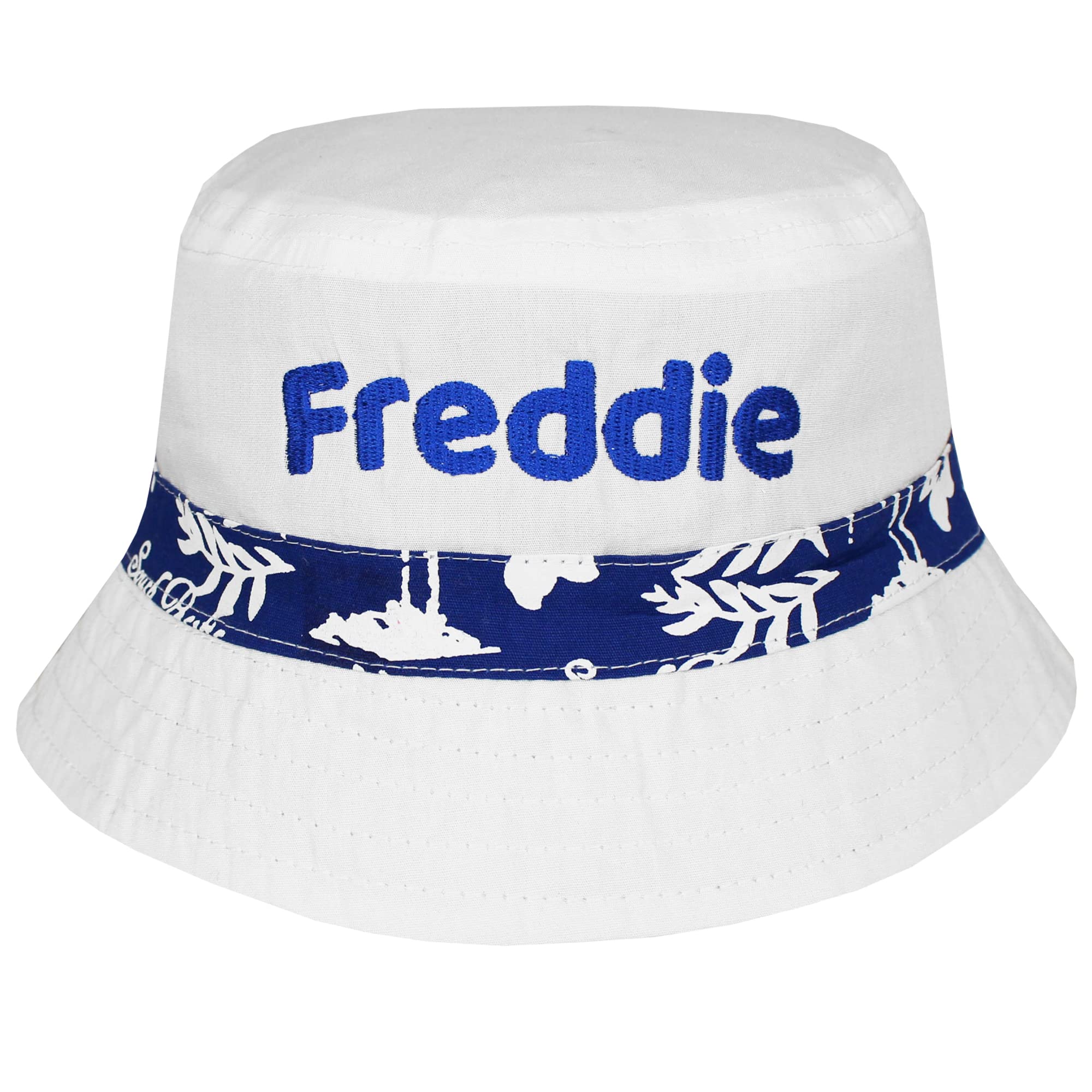 Teddyts Sand Personalised White And Blue Palm Trees Bucket Children's Sun Hat (3-6 Years (53Cm))