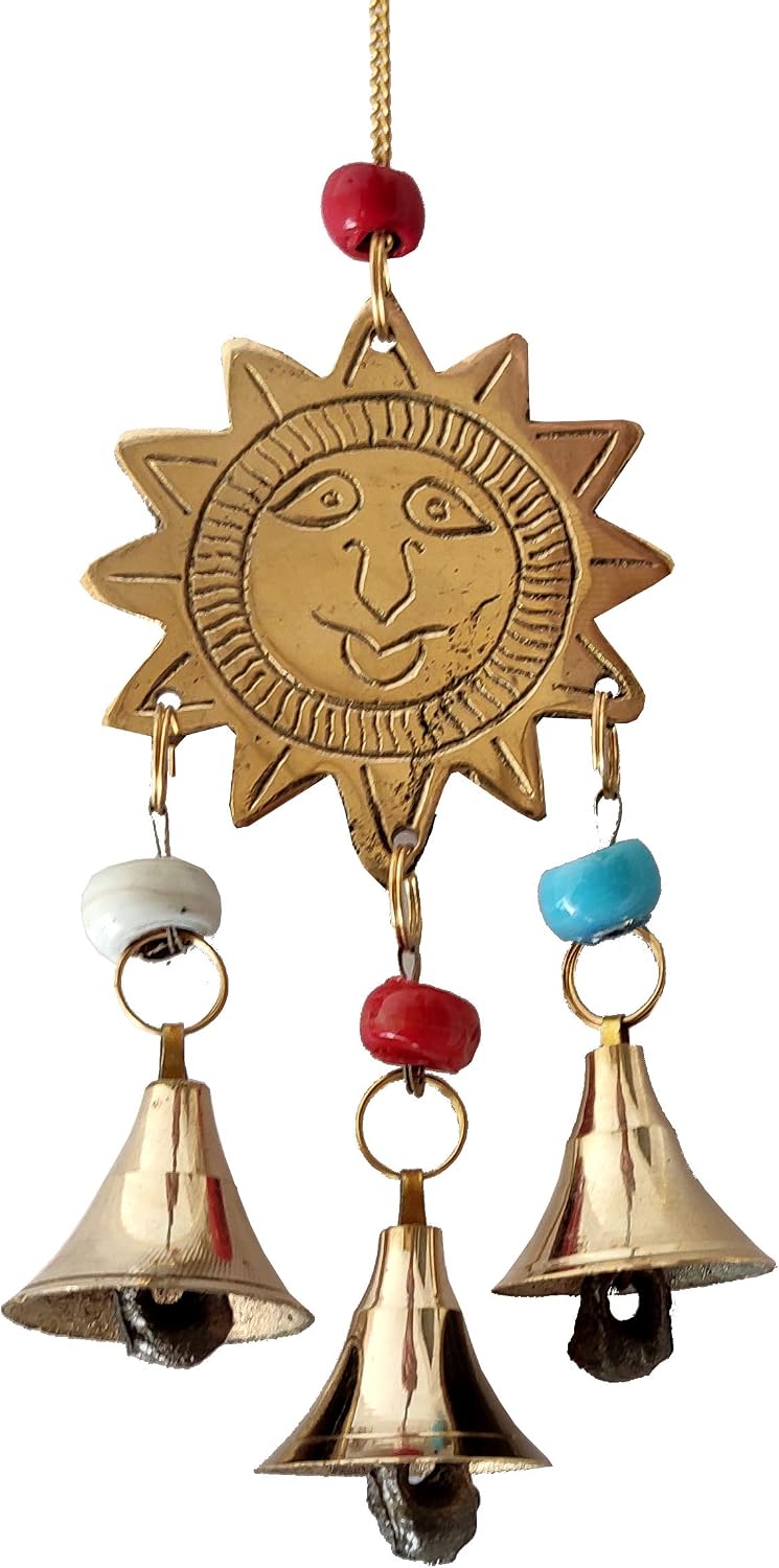 Purpledip Brass Wall Hanging Sun: Tinkling Bells Wind Chimes (12215)