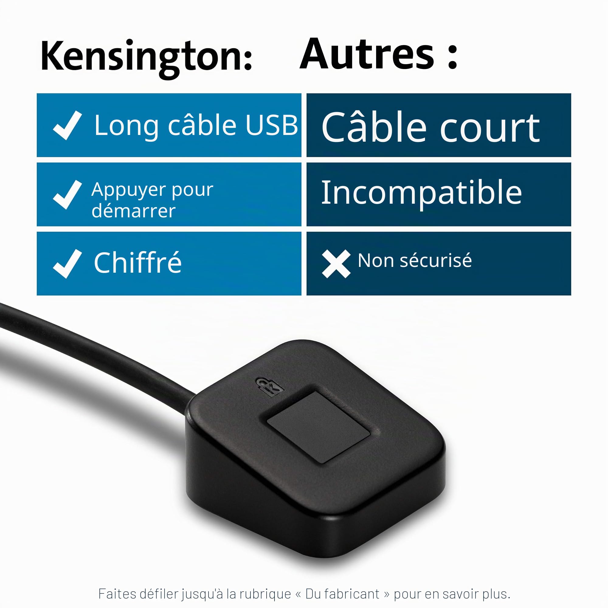 Kensington, clé à empreintes digitales VeriMark™ Desktop – Lecteur biométrique sécurisé USB-A/USB-C certifié FIDO2, avec câble USB 3.0 (1,2 m). K62330WW