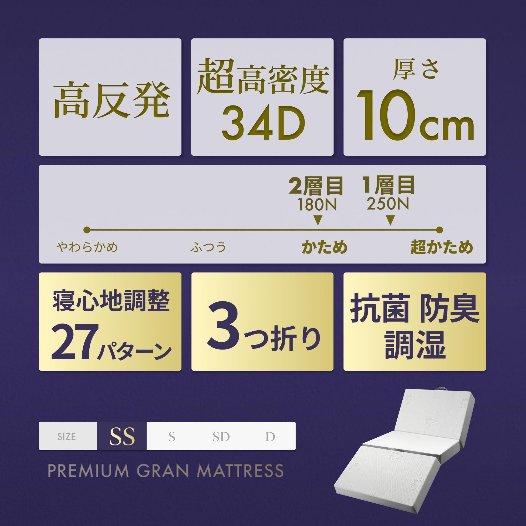 GOKUMIN シングル　三折りマットレス　高反発 180N 250N 2層構造 Amazon｜GOKUMIN マットレス 【 高反発 180N 250N 2層構造グラン