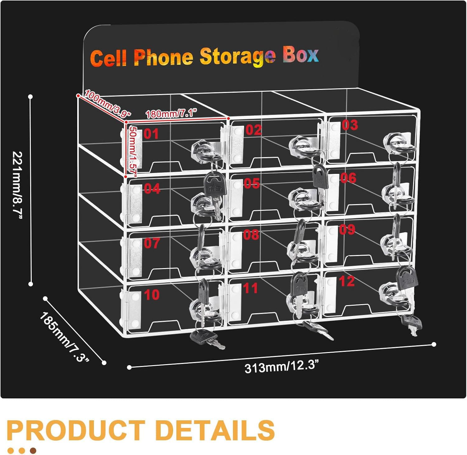MXBAOHENG 12 Slot Caja de almacenamiento de acrílico para teléfono móvil Armario de almacenamiento para teléfono móvil montado en la pared con Cerradura de Puerta y Llave Organizador de teléfono móvil