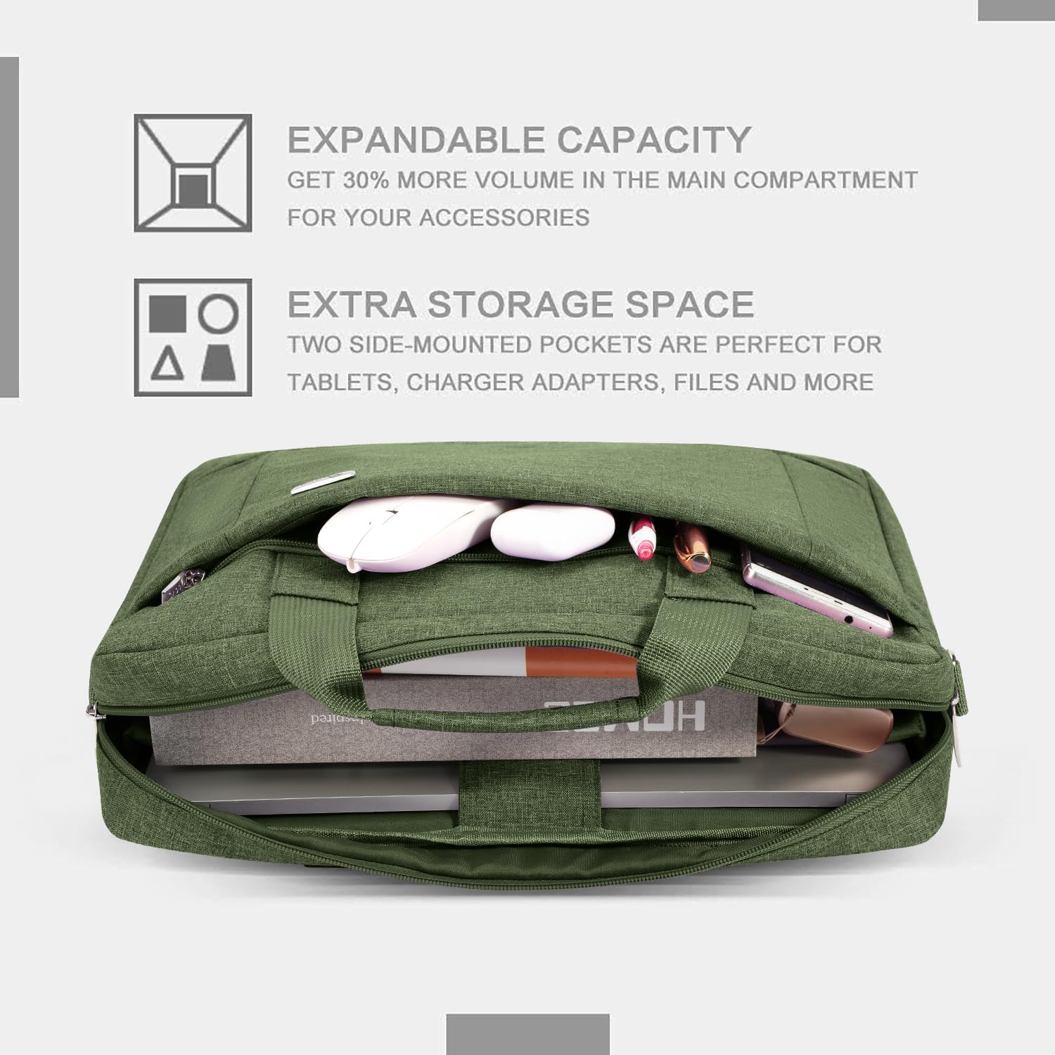Voova Laptop Bag Case 15 15.6 16 Inch, Computer Sleeve Messenger Bag with Shoulder Strap Expandable Waterproof Business Briefcase for Men Women to Work Travel School, Fit 14-16 Inch Laptop, Army Green - Image 3