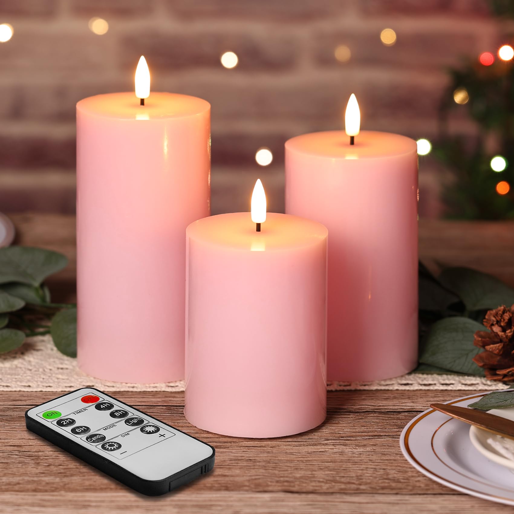 Eywamage Pink Flameless LED Pillar Candles with Remote, Flickering Battery Wax Candles Set of 3 Φ 3" H 4" 5" 6" [Energy Class A]